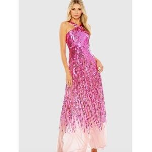 MAC DUGGAL Dress Size 4 Evening Gown Sequin Pink Cross Front Mesh NEW